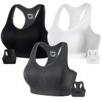 FITTIN Racerback Sports Bras for Women Pack of 3- Padded Seamless Medium Support Workout Gym Activewear Bra, Black/White/Grey M