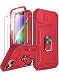 LeYi for iPhone 14 6.1'' Case with Camera Cover Slider, 360° Full Body Armour Military Protective Shockproof Phone Cover | 2 Pack Tempered Glass Screen Protector | Ring Stand Holder | Red