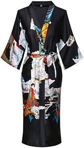 Old-to-New Women's Lightweight Patterned Long Kimono Robe Silk Bathrobe with Pockets Pagoda Black M