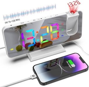 ThreeH Radio Alarm Clock with Projection Digital RGB Colorful Clock for Bedroom Dual Alarm USB Charger Port Snooze Large Mirror Screen Display White