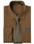 HISDERN Men's Brown Shirts Long Sleeve Formal Dress Shirt and Tie Set Business Plain Shirts Casual Wedding Shirt with Pocket Regular Fit M