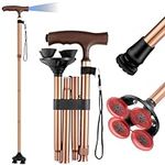 Folding Walking Sticks for Men and Women with LED Light, Adjustable Heights Elderly Walking Cane with Ergonomic Handle & (1 Large Base + 1 Small Base) - Collapsible Walking Stick Mobility Aid (Golden)