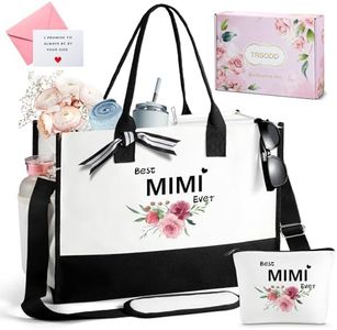 TRSODD Mimi Sac fourre-tout à motif floral mono-gramme pour femme, cadeau de Noël pour 50e anniversaire, meilleur sac de plage MIMI Ever avec trousse de maquillage, poche intérieure, poche latérale,
