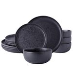 AmorArc Ceramic Dinnerware Sets, Wavy Rim Stoneware Plates and Bowls Sets, Highly Chip and Crack Resistant | Dishwasher & Microwave Dishes set, Service for 4 (12pc)-Speckled Matte Black