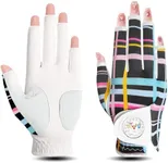 Golf Gloves Women Right Hand Half Finger Leather with Bling Ball Marker Value Pack Colored Glove for Left Handed Golfer All Weather Grip (Half-Colored Stripes, Medium, Right)