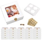 25 Pack Cupcake Boxes 4 Hole with Window and Inserts,6.3x6.3x3 Inch White Bakery Boxes with 5 Pack Stickers Bakery Cookie Boxes for Pastries