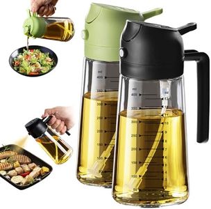 TrendPlain 16oz/470ml Glass Olive Oil Sprayer for Cooking – 2 in 1 Olive Oil Dispenser Bottle for Kitchen Gadgets and Air Fryer Accessories, Salad, BBQ - Black & Green