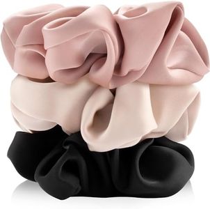 Scrunchies for Women,Satin Scrunchies Softer Than Silk Scrunchies for Hair,Large Hair Scrunchie with Elastic,Hair Ties No Damage,Elastic Ponytail Holders -3 Pack(Black+Pink+Champagne)