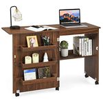 DORTALA Folding Sewing Table, Wood Sewing Craft Table with Open Storage Shelves and Lockable Casters, Space-Saving Craft Table Cart for Apartment, Living Room, 46"x16"x31'', Brown