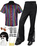 Mepase 6 Pcs Men's 70s Disco Outfit Costume Retro 80s Bell Bottom Pants Short Sleeve Shirt Wigs Necklace(XXL,Vintage)