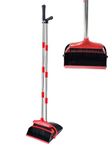 Xifando Broom and Dustpan Set, Stand Upright Windproof Dustpan, Long Handle Broom and Dustpan with Teeth for Home Kitchen Room Office Lobby Floor Cleaning (Black+Red)