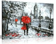 Oil Painting Street View Of London Artwork Black White And Red Big Ben Canvas Wall Art Picture Print (24X16)