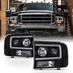 AKKON - For 99-04 Ford F250 F350 F450 F550 SuperDuty Pickup LED Tube Bar Black Projector Headlights Pair LH+RH