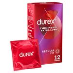 Durex Thin Feel Extra Lube Condoms, Regular Fit, 12s, Secure, Natural Latex, with Silicone Lube, Easy On Shape, More Sensitivity