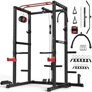 Sportsroyals Power Rack, Multi-Functional Power Cage with LAT Pulldown Pulley System, Squat Rack with More Training Attachments for Home Gym (RED)，1200 lbs Weight Capacity