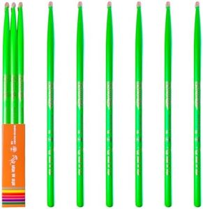 3-pairs(Green), Neon UV Glow Drum Stick,Classic 5A Drum Stick, Hickory Drum Stick, for Acoustic or Electronic Drum, wood drumstick glow under black light on stage,cant glow in dark.School Season Gift.