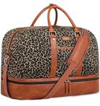 Weekender Bags for Women, Large Overnight Bag Canvas Travel Duffel Bag Carry On Tote with Shoe Compartment 21" 3Pcs Set, A19-brown+brown leopard, Large