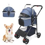 Pet Stroller Premium 3-in-1, Dog Pram for Small Dogs Medium Dogs 15kg Folding Lightweight Dog Stroller with Detachable Carrier &Cup Holder (Navy Blue)