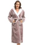 ROSYLINE Womens Robes Kimono Fleece Hooded Bathrobe Plush Long Warm Robe Brown M