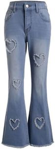 Milumia Girl's Ripped Flare Bell Bottom Jeans High Waist Denim Pants with Pockets Blue Heart 8Y