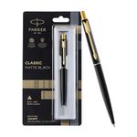 Parker Classic Matte Black Gold Trim Ball Pen| Ink Color - Blue | Unique Gift For Employees | Leading Pen For Corporate