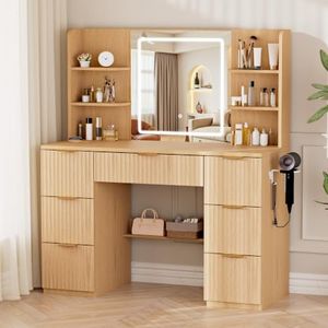LIVELYGLOW 43" Large Wooden Makeup Vanity Desk with Smart LED Mirror, Fluted Bedroom Dressing Table with 7 Drawers, 4 Storage Shelves, Charging Station & Hairdryer Holder