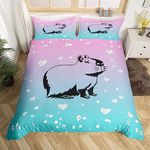 Girly Capybara Bedding Set Single for Kids Children Boys Girls, Funny Capybara Comforter Cover Cute Rodent Animal Duvet Cover Love Heart Watercolor Gradient Bed Set with 1 Pillowcase, Pink Teal