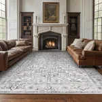 jinchan Washable Area Rug 6x9 Low Pile - Living Room Rug Stain Resistant Vintage Rug Boho Area Rug Large Rug Ultra-Thin Non Slip Carpet Retro Floral Print Indoor Rug for Bedroom Kitchen Farmhouse Grey