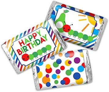 Happy Hungry Caterpillar Birthday Mini Chocolate Candy Bar Sticker Wrappers for Kids, 45 1.4" x 2.6" Wrap Around Labels by AmandaCreation, Great for Party Favors
