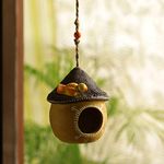 ExclusiveLane 'Swinging Cottage' Handmade and Handpainted Terracotta Bird House for Garden Hanging & Balcony (Sand Yellow and Dark Brown, 6 Inch)