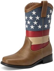 Athlefit Toddler Boys Cowboy Boots Kids Western Square Toe Side Zipper Mid Calf Party Riding Boots Brown Star Size 4 Big Kid