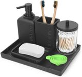 JDHEXY Bathroom Accessories Set,Bathroom Decor with Soap Dispenser,Toothbrush Holder,Glass Qtip Holder,Vanity Tray,Soap Dish for Kitchen,Bathroom Organizer Countertop (Black)