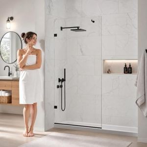 YTTSOYTS Premium Shower Screen 36"×76" Frameless Shower Glass Panel, 3/8'' (10mm) Fixed Glass Shower Panel, Tempered Glass Door Easy Clean Coating, Bathroom Shower Screen with Hook (Matte Black)