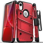 Zizo Bolt Series Compatible with iPhone XR Case Military Grade Drop Tested with Tempered Glass Screen Protector Holster and Kickstand (Red/Black)