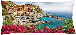 Ambesonne Italy Throw Pillow Cushion Cover, Monarola Antique Village in Cinque Terre Coastal Panorama Summer Beach Scenic View, Decorative Square Accent Pillow Case, 36 X 16 Inches, Multicolor