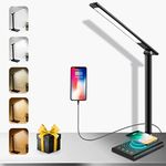 LED Desk Lamp with Fast Wireless Charger & USB Charging Port, 12W Table Lamp with 35 Adjustable Light Choices, Touch Control & Memory Function, Led Desk Light for Home Office, Reading,Studying (Black)