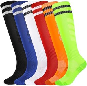 Kids Soccer Socks Boys Football Socks 6 Pairs Girls Striped Knee High Socks Baseball Softball Sports Kids Children (Mixed Colors, 7-10 Years)