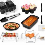 Air Fryer Accessories Set 10pcs for Dual Basket, Air Fryer Liners with Cake/Pizza/Cupcake Pan, Multi-Layer/Skewer Rack, Tongs, Brushes, Recipe Fits Double Basket Air Fryers 7.6-9.5L