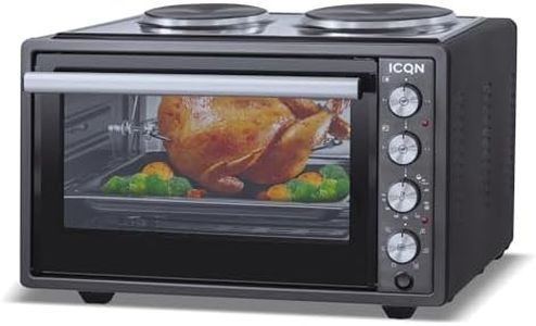 ICQN 42 Liter Minibackofen mit Kochplatten, 3800 W, Umluft, Pizza-Ofen, Doppelverglasung, Drehspieß, inkl. Backblech Set, Elektrischer Mini Ofen, 40°-230°C, Emailliert, Anthrazit