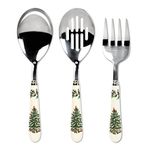 Spode Christmas Tree 3-Piece Stainless Steel Cutlery Set - Porcelain Handle Flatware with Meat Fork, Serving Spoon, and Slotted Spoo - Holiday Silverware for Christmas Dinners & Seasonal Gatherings