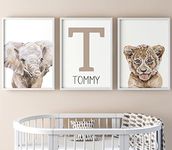 Realistic Safari Animals Baby Boy Girl Set Of 3 Unframed Poster Prints with Personalised Name, Nursery Wall Art Decor, Boy Girl Bedroom Decor Elephant Lion Zebra Giraffe (A4)