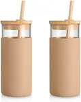 Tronco 20 oz Glass Tumbler Glass Water Bottle Straw Silicone Protective Sleeve Bamboo Lid - BPA Free- Amber/2 Pack