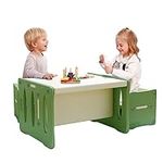 Benarita Kids Table and 2 Chairs Set, Plastic Activity Table for Toddler Reading, Arts, Crafts, Montessori Furniture with Storage Space for Playroom Snack Time, Gift for Boys & Girls(Green & Grey)