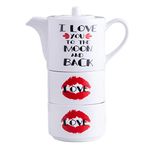 eBoutik - Romantic Valentine Ceramic Stacking Tea for 2 Set - Nesting Teapot & Tea Cups - Coffee & Tea Lovers, Wife, Girlfriend, Fiancée - Valentines Day, Engagment & Wedding Present - Moon & Back