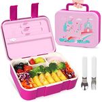 Lehoo Castle Bento Lunch Box for Kids, 1.25L Bento Box Lunch Containers with 5 Compartments, Toddler Lunch Box with Sauce Jar/Spoon & Fork (Unicorn)