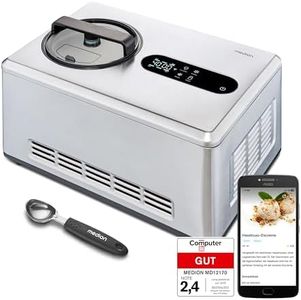 MEDION smarte Eismaschine mit Kompressor (selbstkühlend, 2 Liter, App Steuerung inkl. Eis-Rezepte, Joghurt, Eiscreme, Sorbet, LED Display, Edelstahl, MD12170)