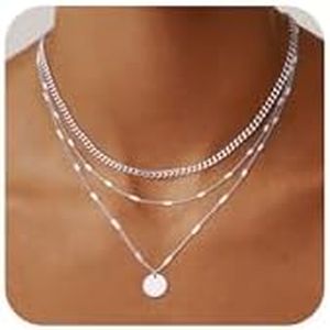 Picuzzy Silver Layered Necklaces for Women, Stackable Dainty Silver Choker Necklaces for Women Trendy Layering Circle Bar Pendant Chain Necklace Fashion Jewelry Set Gifts for Women Teen Girls,