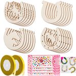 24 PCS Wooden Horseshoe Craft Blank Horseshoe Wooden Discs Wooden Horseshoe Shaped Slices Embellishments with 2 PCS Golden Ribbon and 4 PCS Rhinestone Stickers for DIY Crafts Decoration