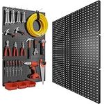 Peg Board, 6PCS Metal Pegboard, Heavy Duty Pegboard Wall Organizer with Frame. Black Pegboard for Walls, Garage, Workbench, Craft Room Tool Organization, Metal Pegboard Panels 12in*12in