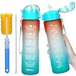 32oz Leakproof Water Bottle with Time Marker & Straw lid to Ensure You Drink Enough Water Throughout The Day for Fitness and Outdoor Enthusiasts, BPA Free, With straw Brush (Ombre Orange Green)